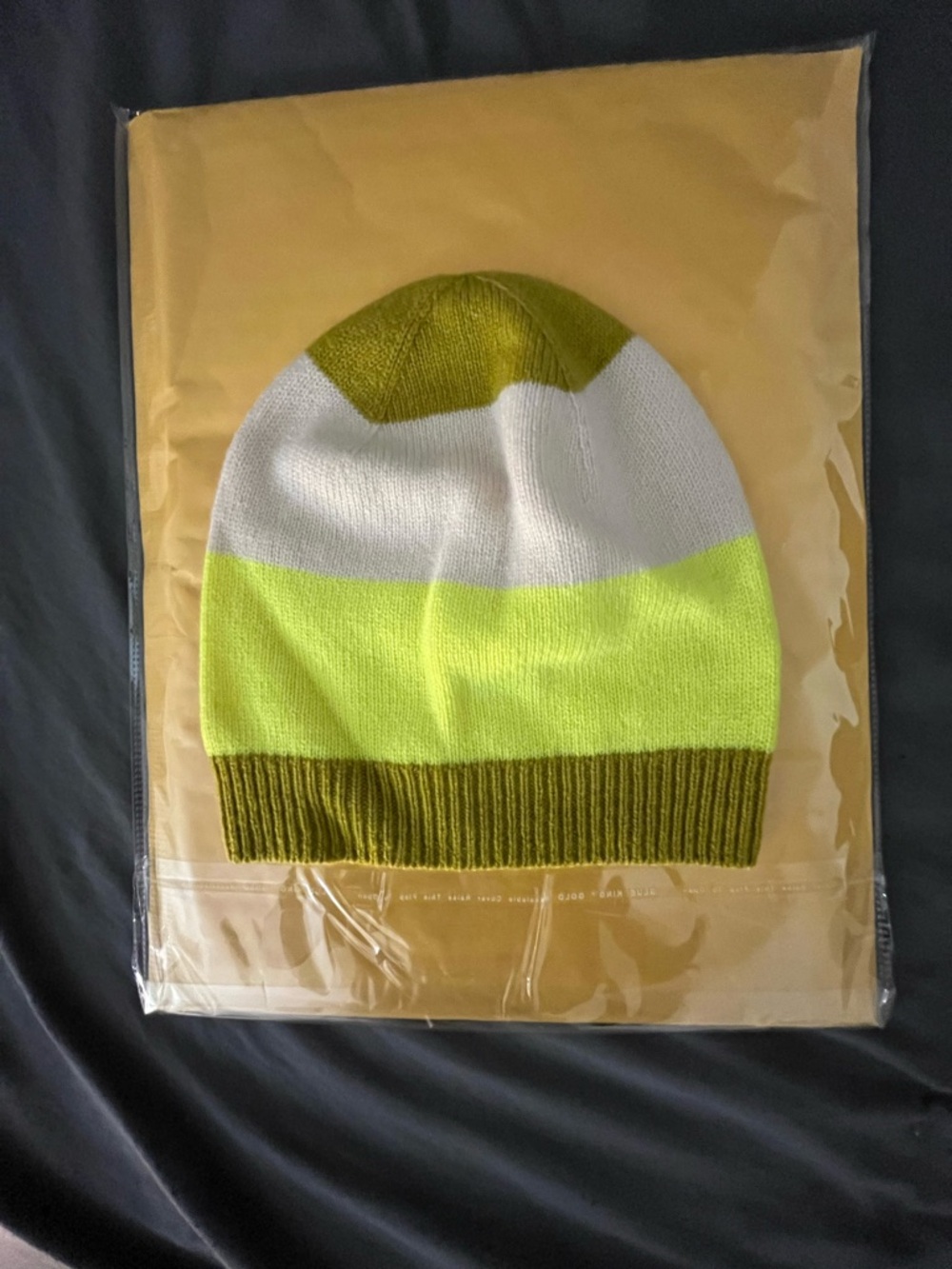 J. Crew Olive, White & Neon Yellow Striped Knit Beanie